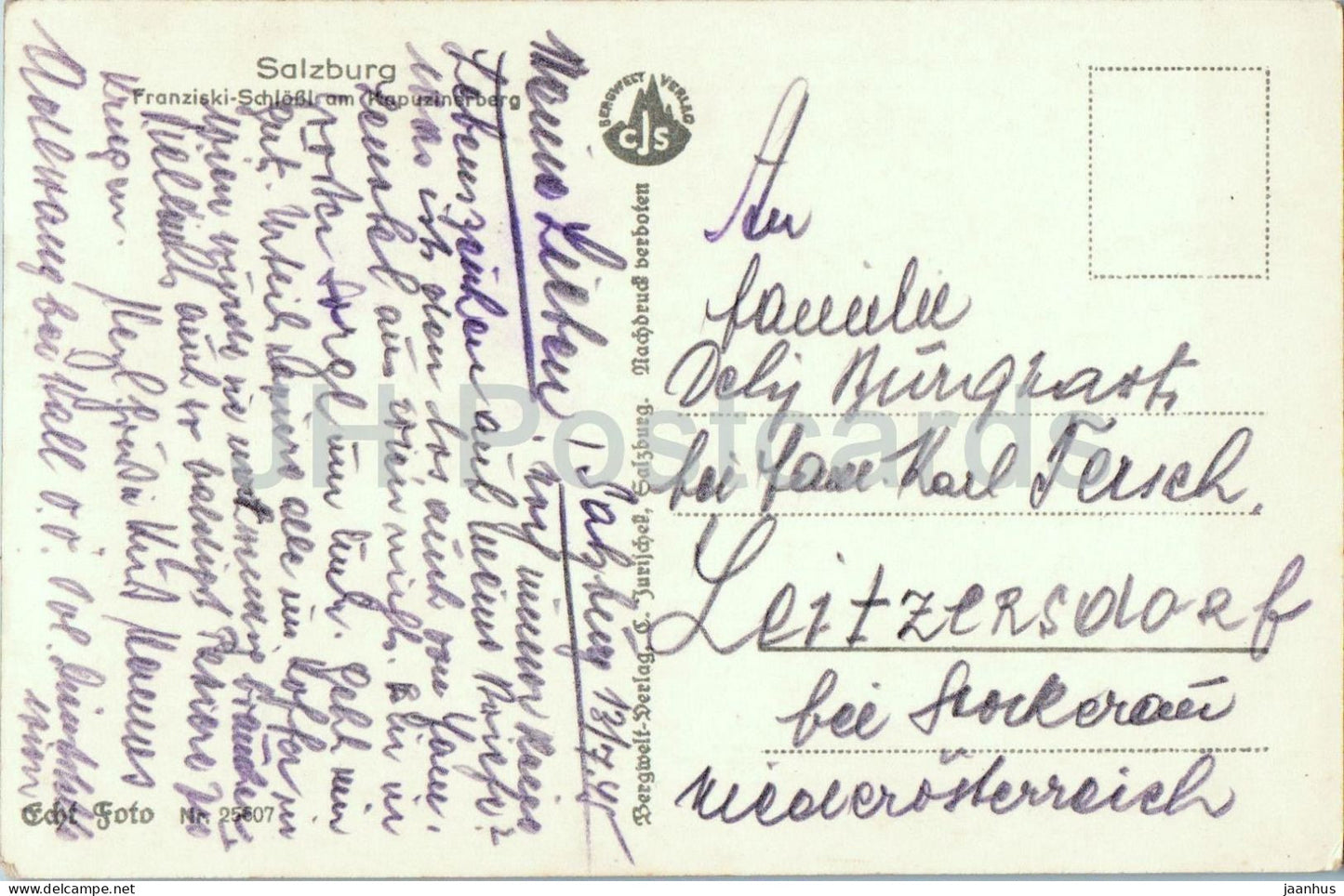 Salzburg - Franziski Schlossl am Kapuzinerberg - illustration - horse - castle - old postcard - 1945 - Austria - used