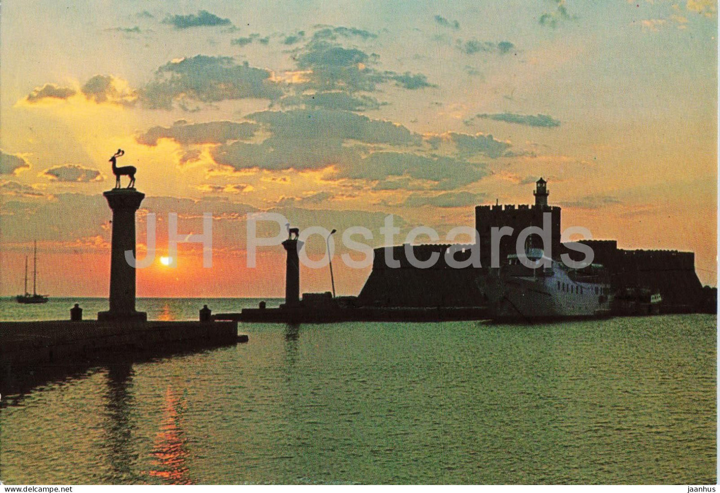 Rhodes - Sunrise - harbour entrance - ship - ferry - 169 - Greece - used - JH Postcards