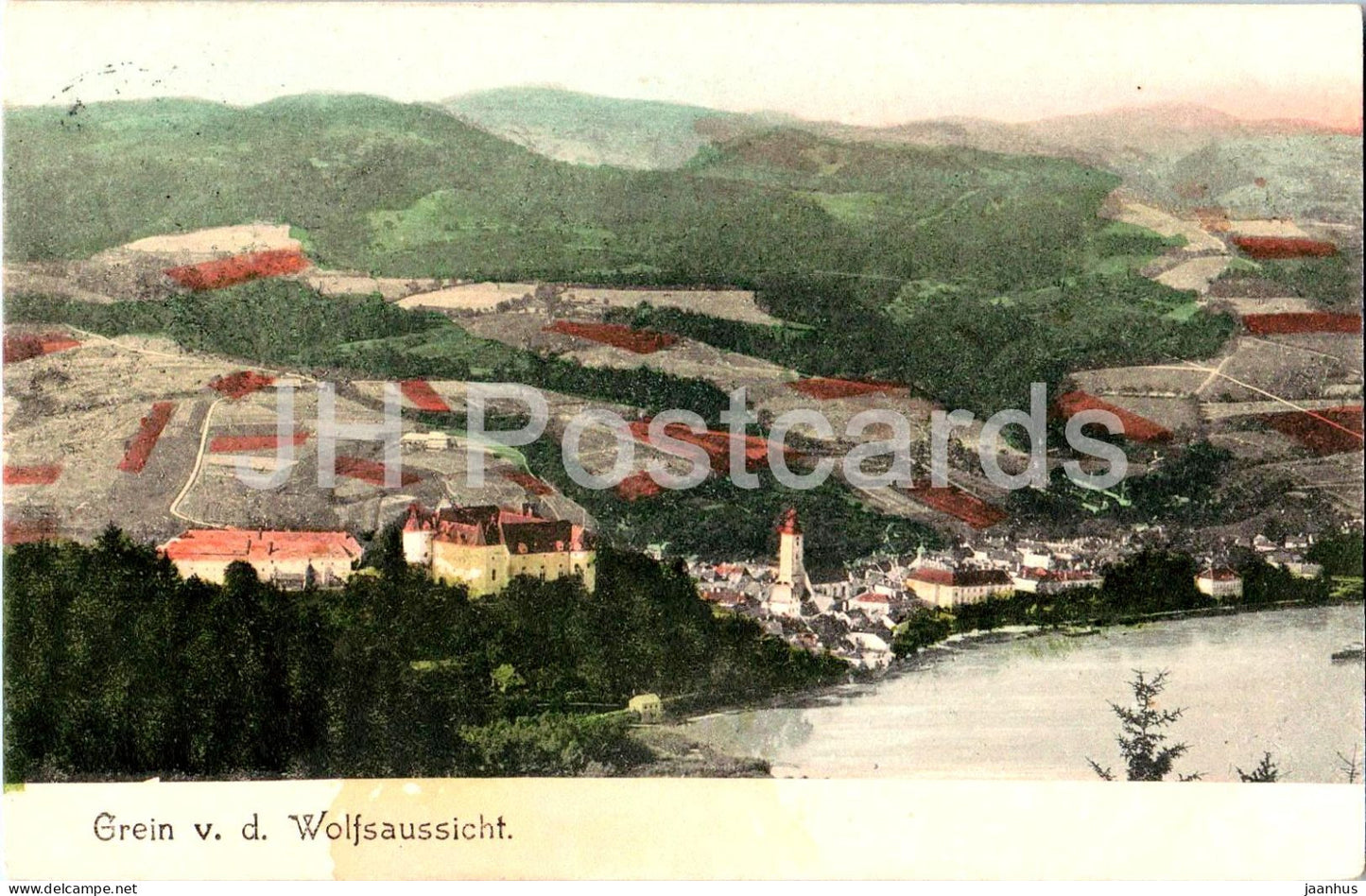 Grein v. d. Wolfsaussicht - landscape panorama - castle - fields and hills - old postcard - 1900s - Austria - used - JH Postcards