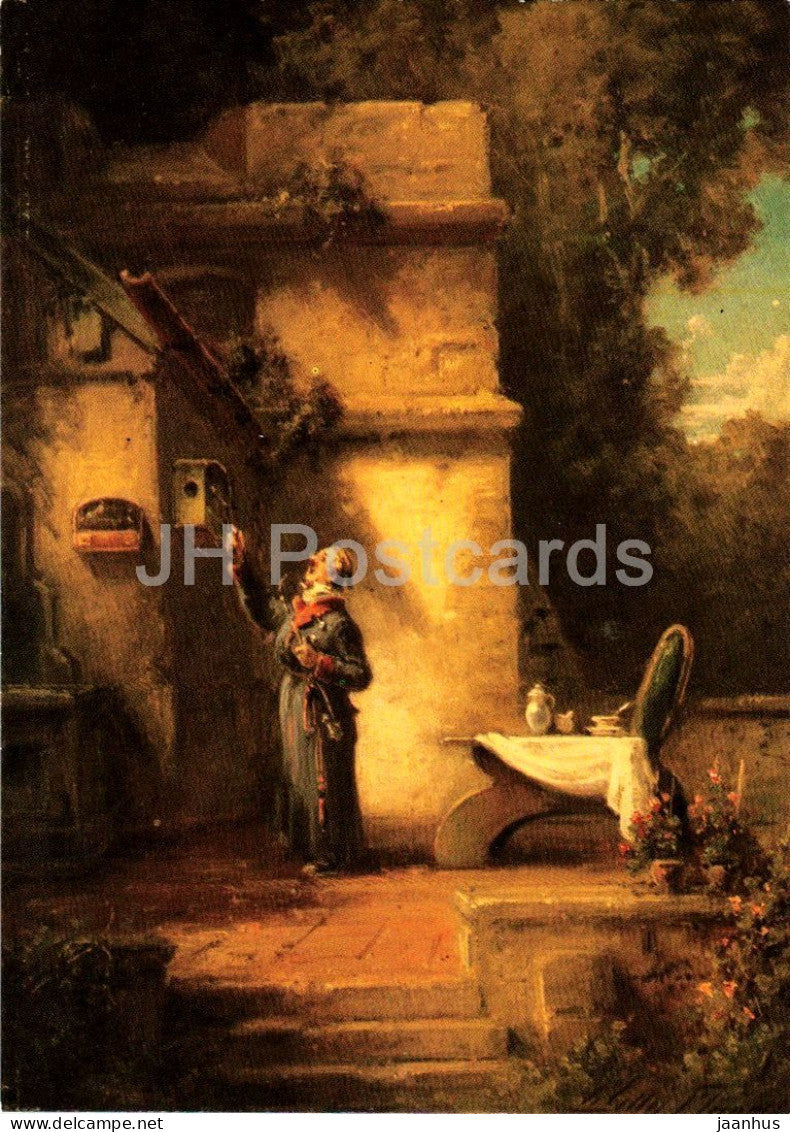 painting by Willy Moralt - The Bird Friend - Der Vogelfreund - German art - 1970s - Germany - unused - JH Postcards