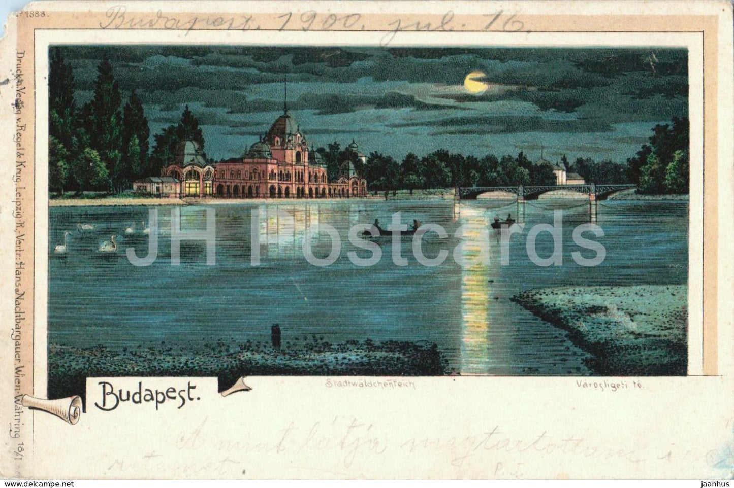 Budapest Varosligeti to - Stadtwaldchenteich - City Park Lake - moonlit scene - old postcard - 1900 - Hungary - used - JH Postcards
