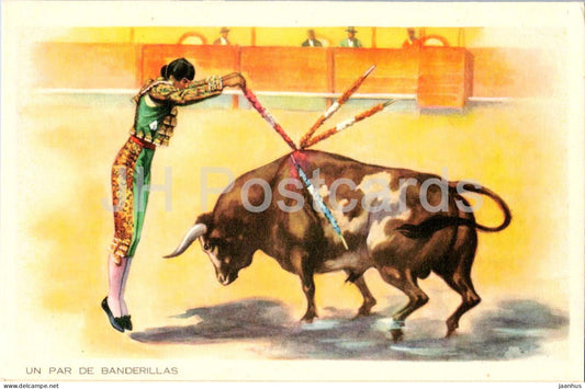Un Par de Banderillas - bullfighting - matador - bull - corrida arena - illustration - old postcard - Spain - unused - JH Postcards