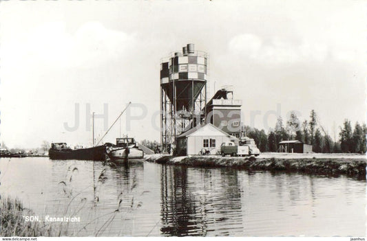 Son - Kanaalzicht - Canal view - boats - concrete plant - cars - 563 - old postcard - Netherlands - used - JH Postcards