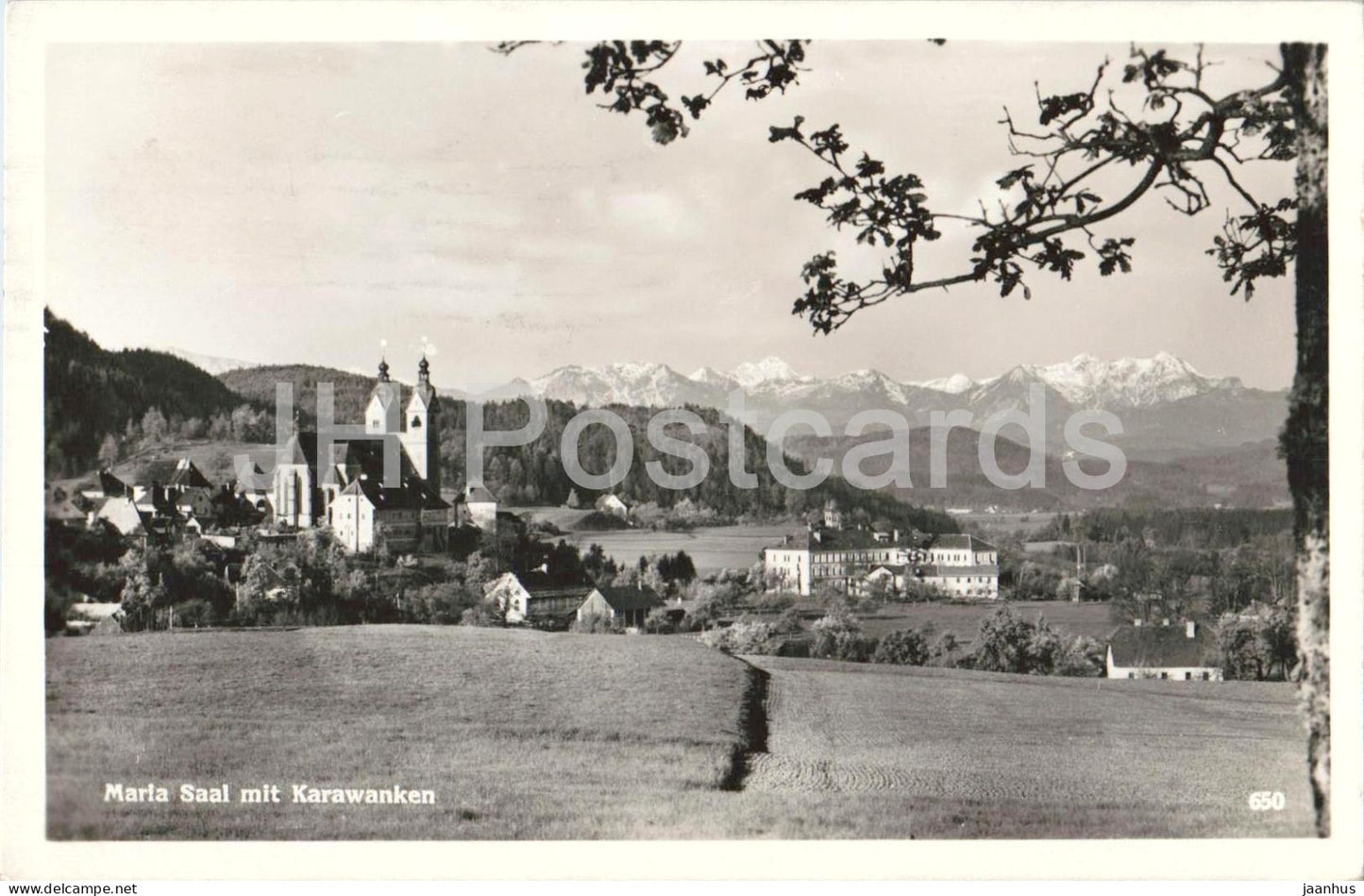 Maria Saal mit Karawanken - village panorama - church - 650 - old postcard - 1950 - Austria - used - JH Postcards