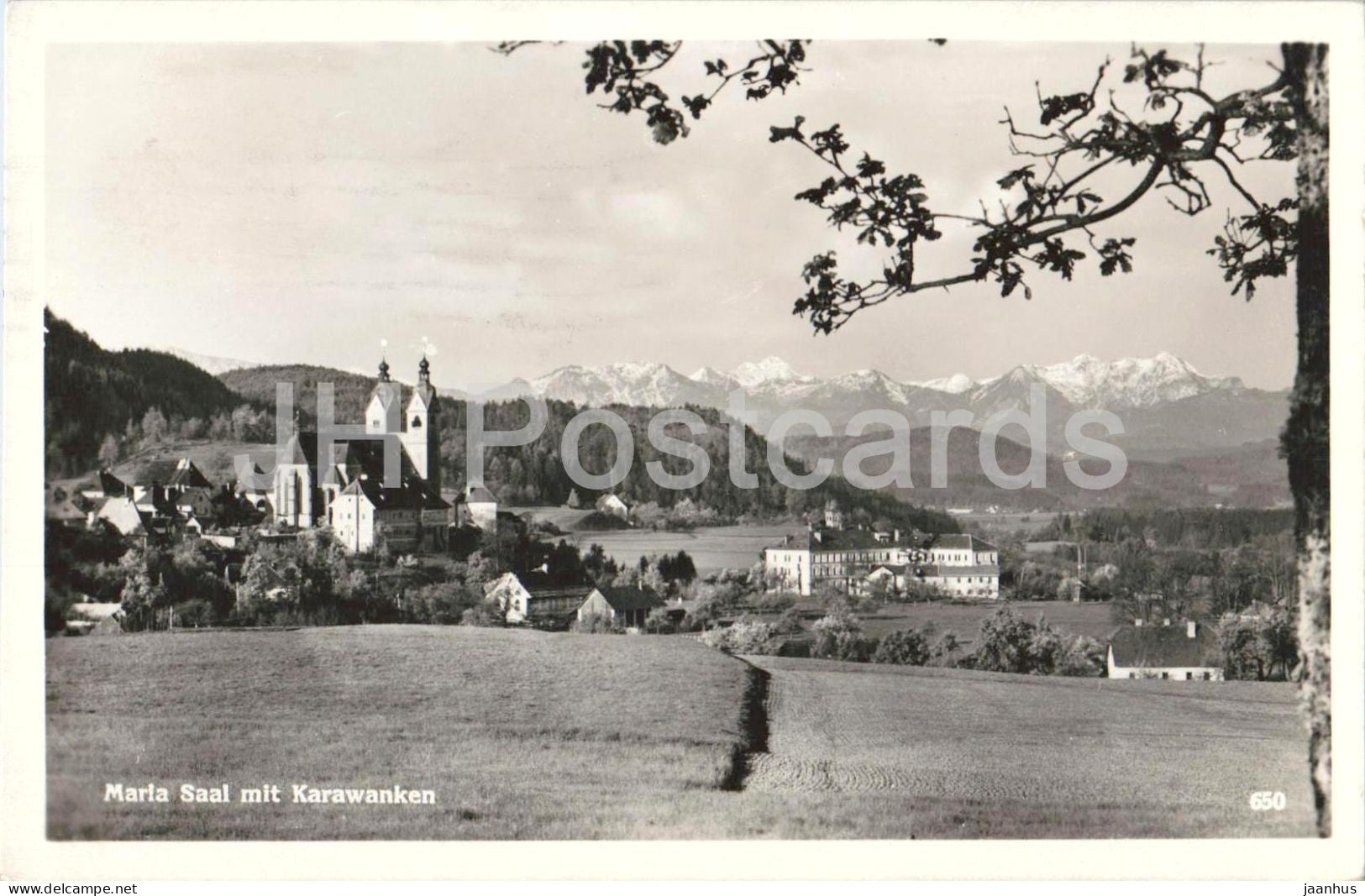 Maria Saal mit Karawanken - village panorama - church - 650 - old postcard - 1950 - Austria - used - JH Postcards