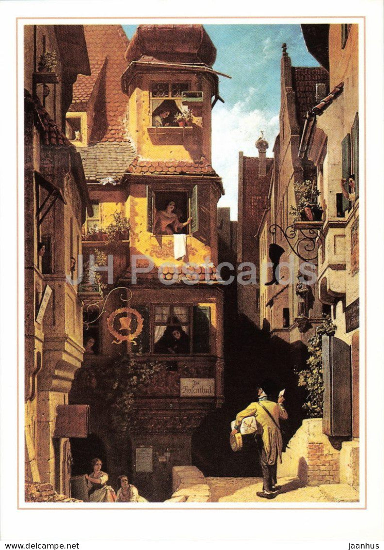 painting by Carl Spitzweg - The Letter Carrier in the Rose Valley - Der Briefbote im Rosental German art Germany - used - JH Postcards