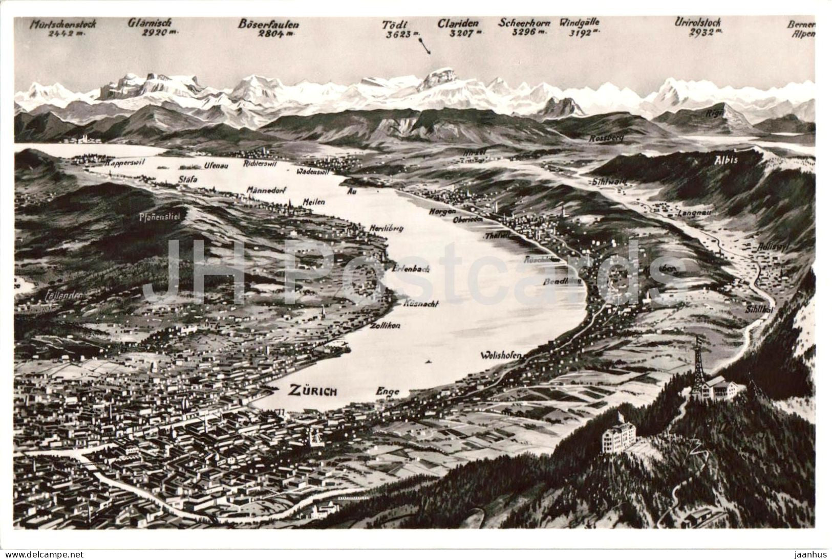 Zurichsee mit Alpen - Lake Zurich with Alps panorama map - 7527 - old postcard - Switzerland - unused - JH Postcards