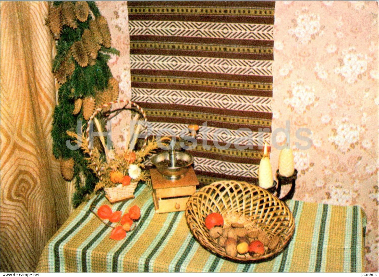 New Year Greeting card - old coffee grinder - basket - gingerbread - 1989 - Estonia USSR - used - JH Postcards