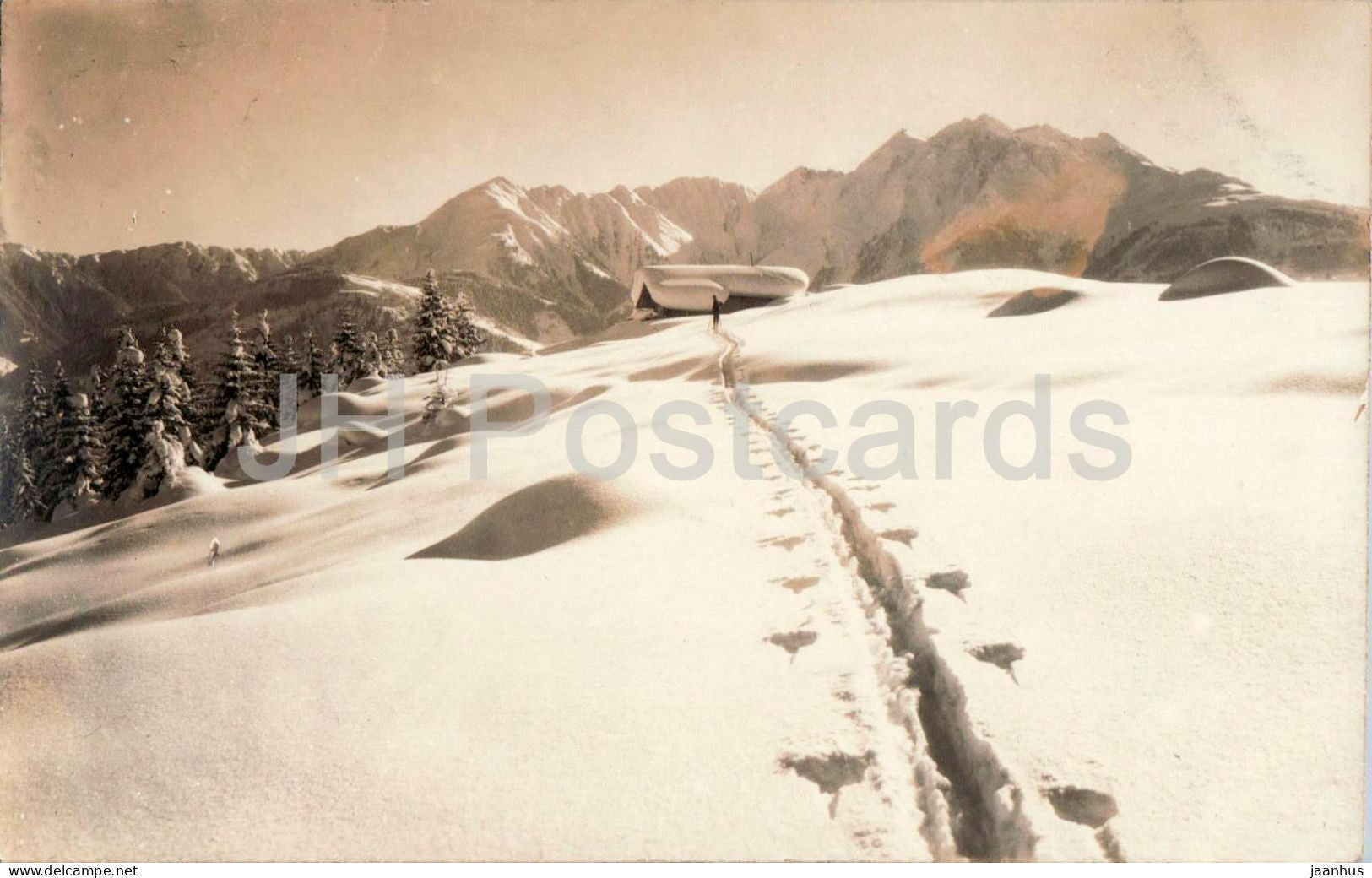 Winterlandschaft bei Flims - skier - snow path - Alps - photo - old postcard - 1924 - Switzerland - used - JH Postcards