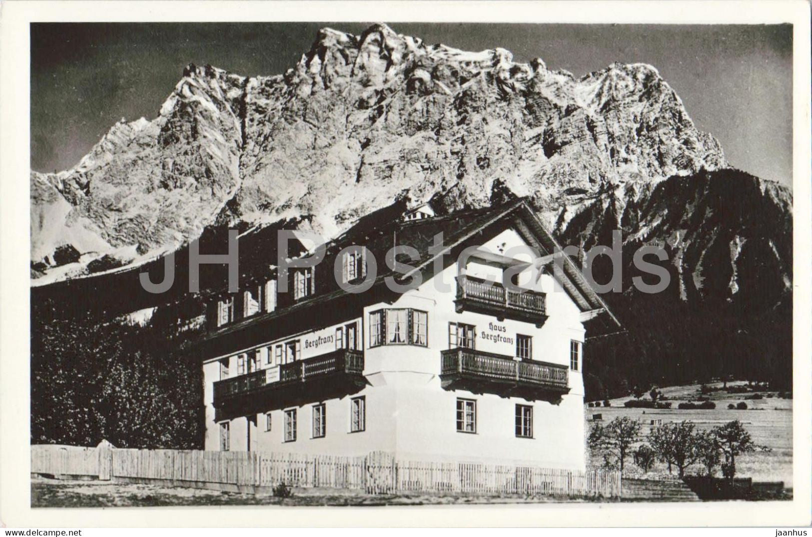 Ehrwald Tirol - Haus Bergkranz with Zugspitze in background - alpine guesthouse - old postcard - Austria - unused - JH Postcards