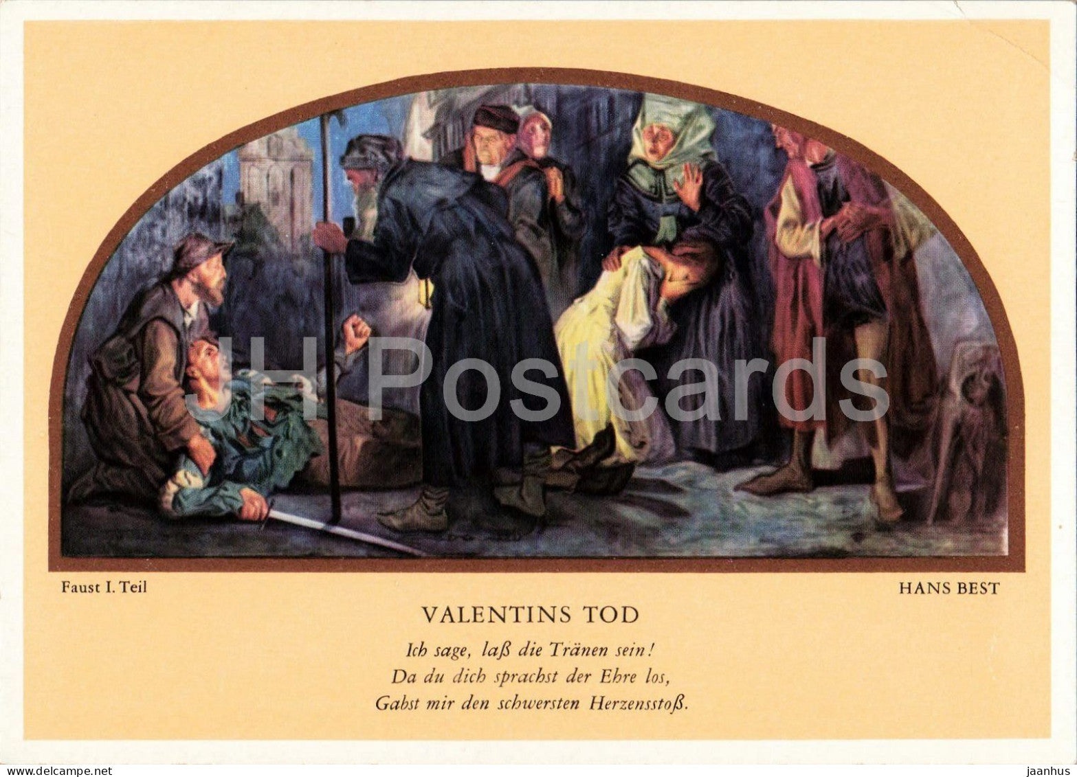 painting by Hans Best - Valentines Death - Valentins Tod - Faust - dog - German art - 1964 - Germany DDR - unused - JH Postcards