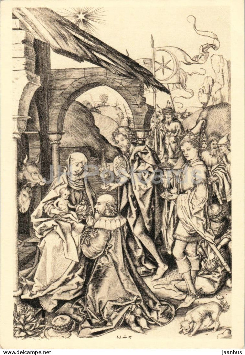 engraving by Martin Schongauer - The Adoration of the Magi - Die Anbetung der Konige - horse - 1965 - France - unused - JH Postcards