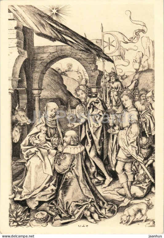 engraving by Martin Schongauer - The Adoration of the Magi - Die Anbetung der Konige - horse - 1965 - France - unused - JH Postcards