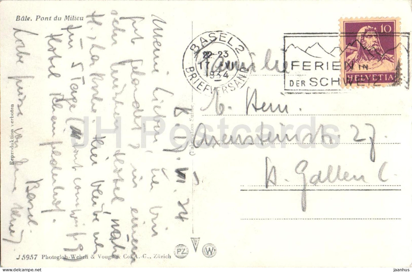 Bâle - Mittlere Rheinbrucke - Bale - Pont du Milieu - rivière - pont - 5957 - carte postale ancienne - 1934 - Suisse - utilisé