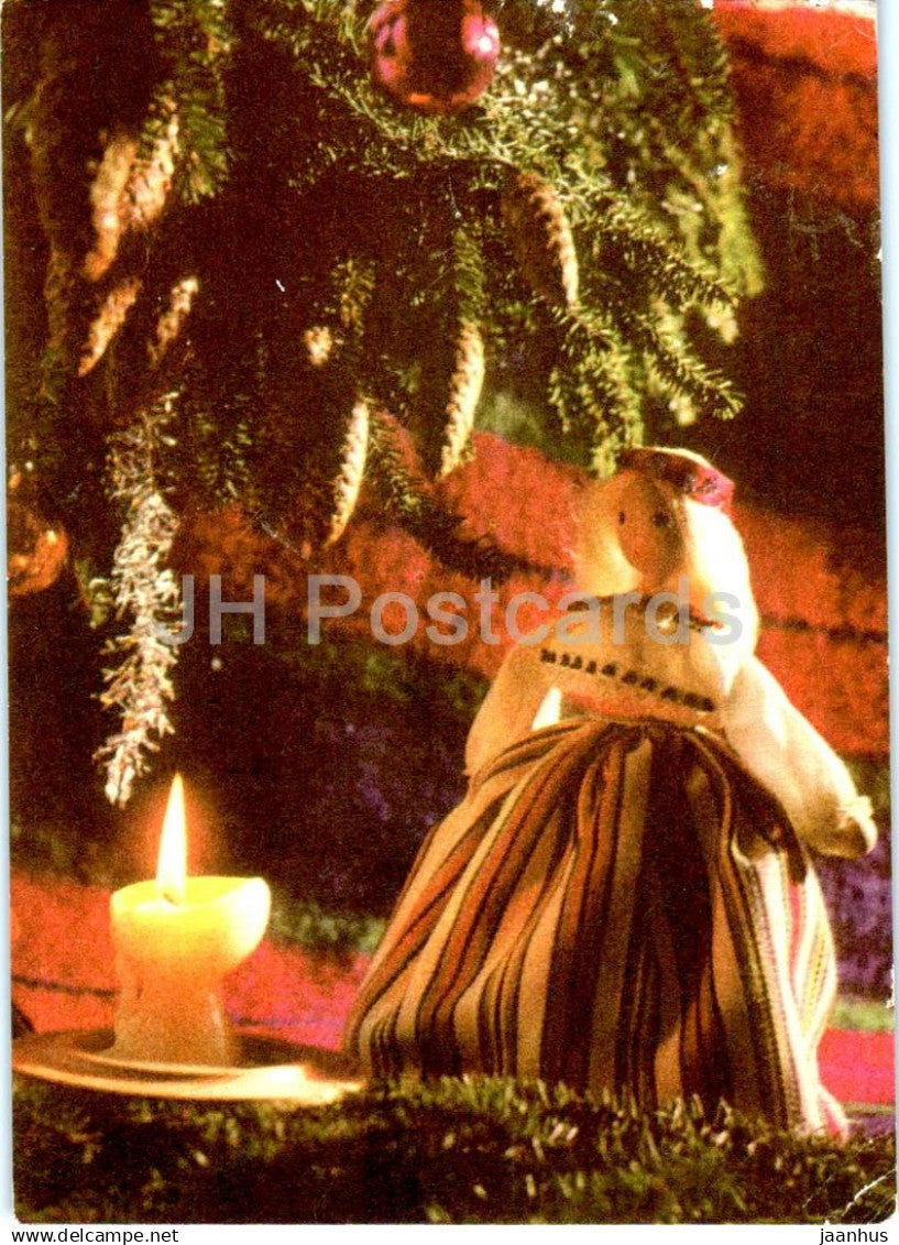 New Year Greeting card - 1 - candle - doll in folk costumes - 1971 - Estonia USSR - used - JH Postcards