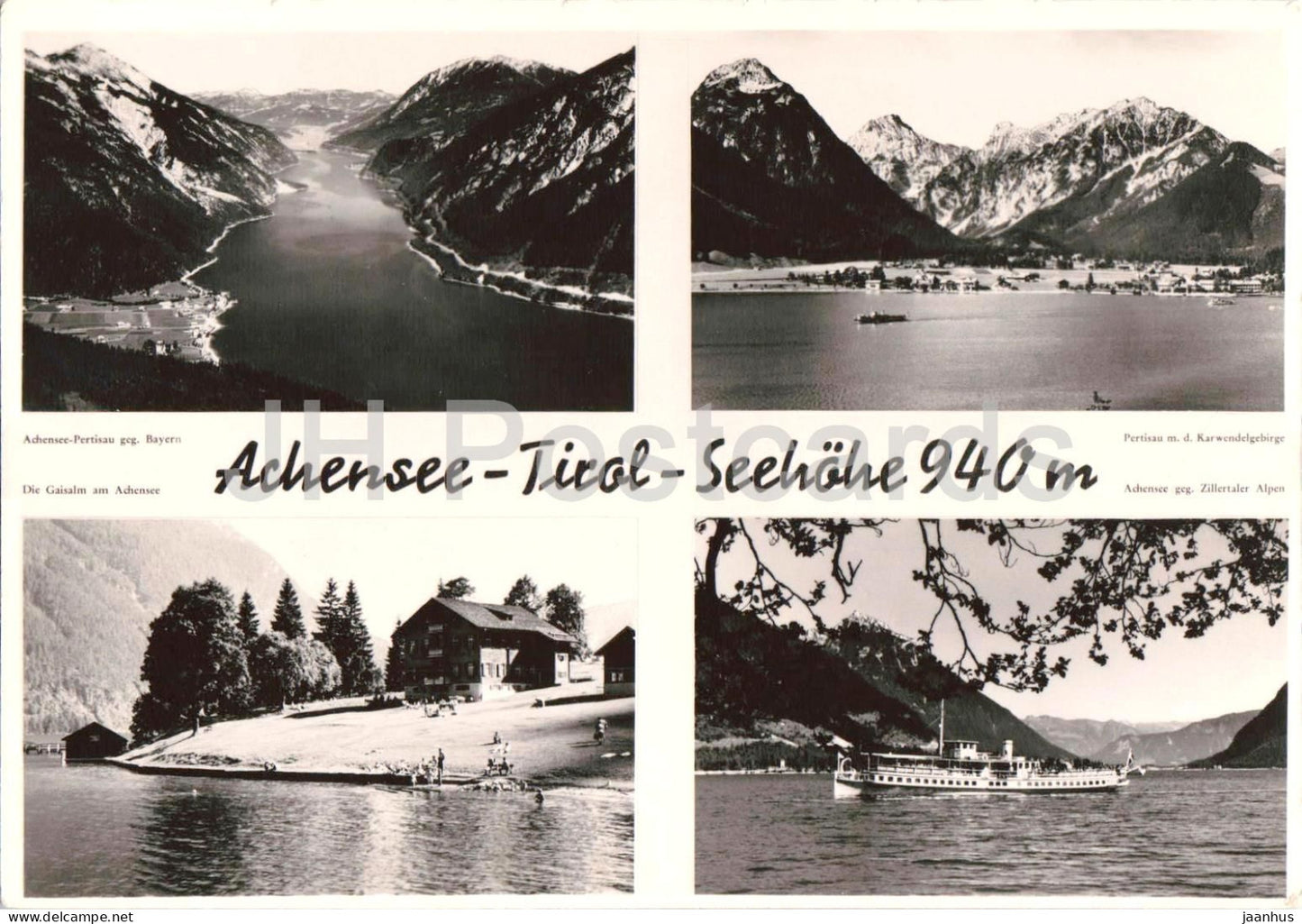 Achensee - Tirol - Seehohe 940 m - lake ship - mountains - village - multiview - 750054 old postcard - Austria - unused - JH Postcards