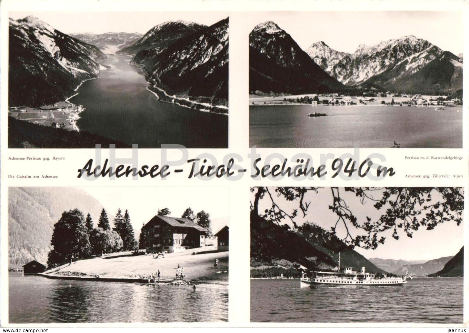 Achensee - Tirol - Seehohe 940 m - lake ship - mountains - village - multiview - 750054 old postcard - Austria - unused - JH Postcards