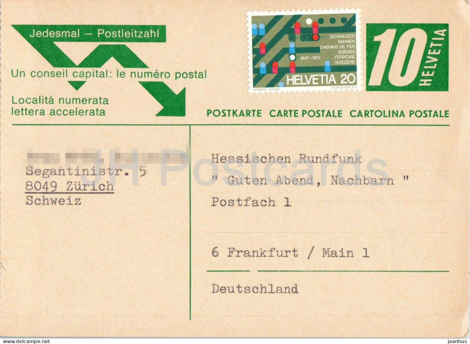 Guten Abend Nachbarn - Hessischer Rundfunk - postal stationery - 26 - 1972 - Switzerland - used - JH Postcards