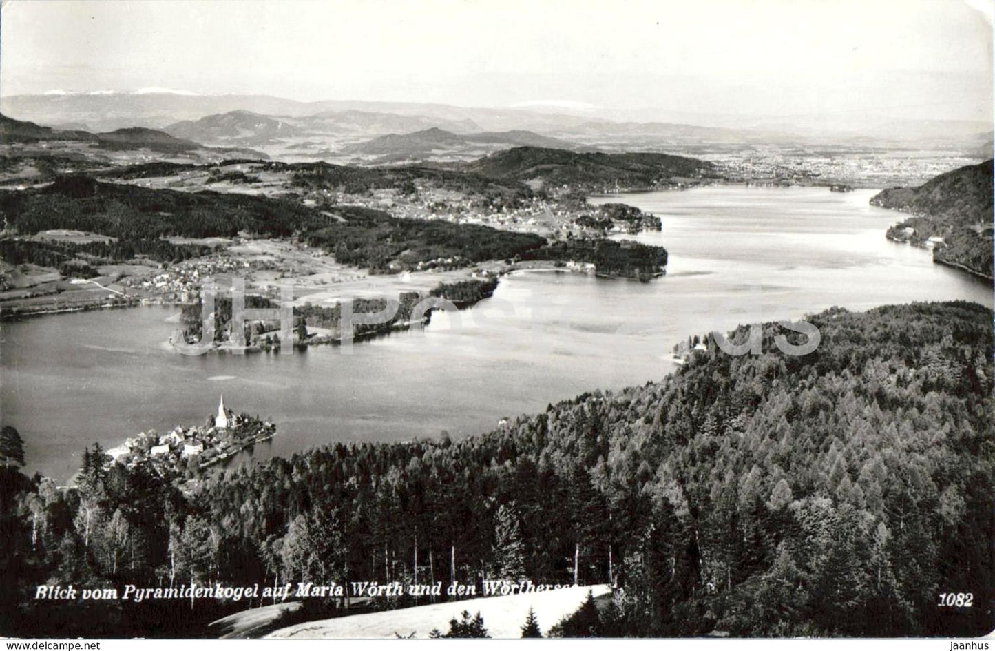 Blick vom Pyramidenkogel auf Maria Worth und den Worthersee - panoramic view lake village - 1082 - 1969 - Austria - used - JH Postcards