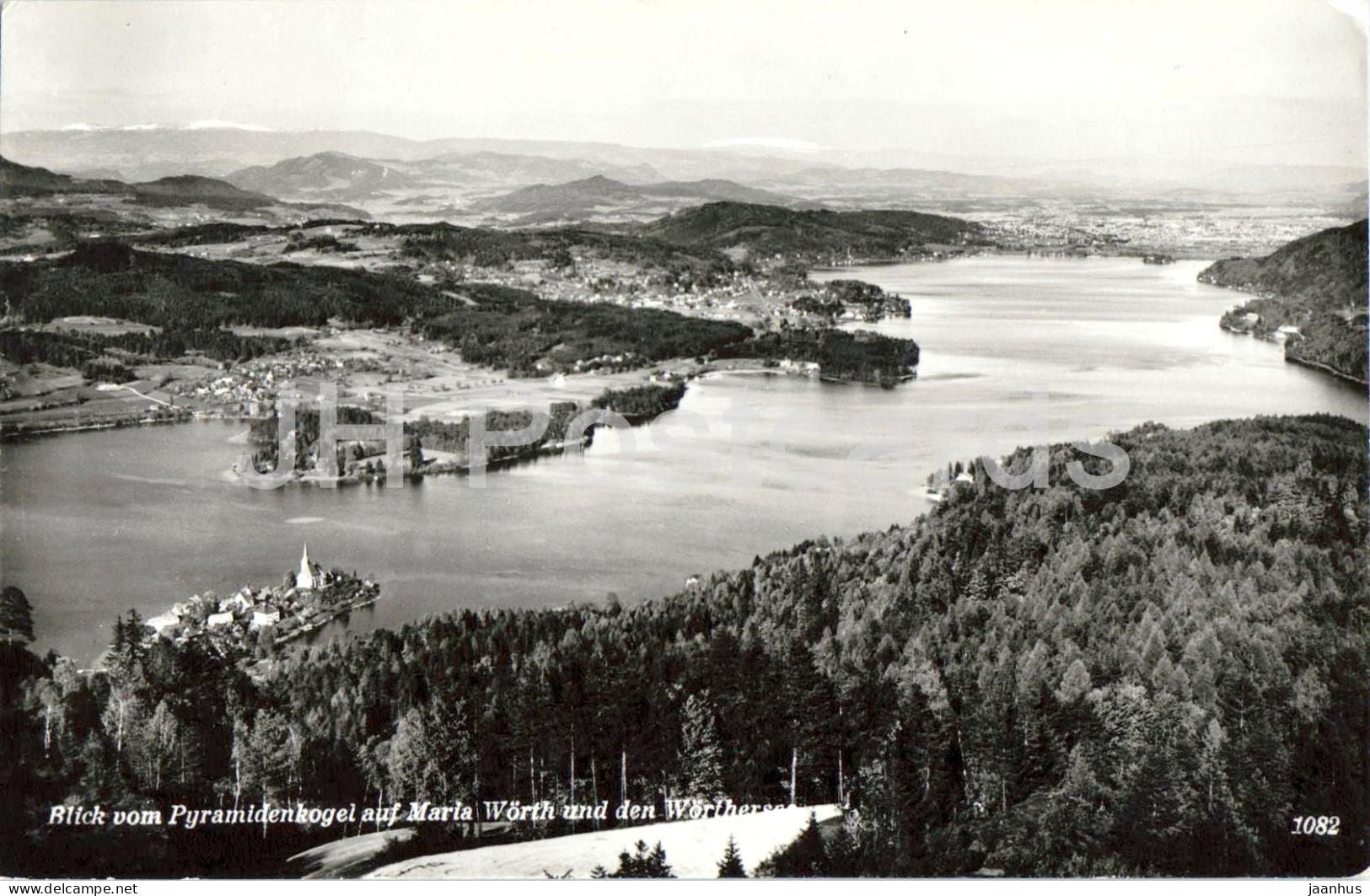 Blick vom Pyramidenkogel auf Maria Worth und den Worthersee - panoramic view lake village - 1082 - 1969 - Austria - used - JH Postcards