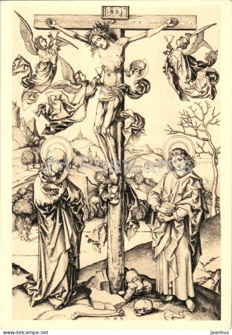 engraving by Martin Schongauer - The Great Crucifixion - Die grosse Kreuzigung - German art - 1965 - France - unused - JH Postcards