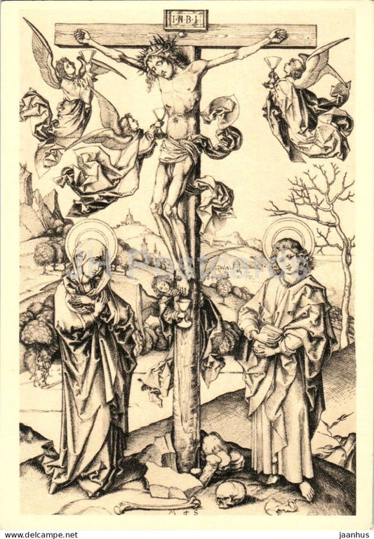 engraving by Martin Schongauer - The Great Crucifixion - Die grosse Kreuzigung - German art - 1965 - France - unused - JH Postcards