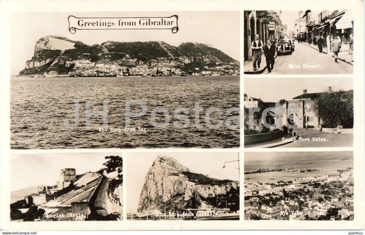 Greetings From Gibraltar - The Rock from Bay - Main Street - Moorish Castle - multiview - 1952 - Gibraltar - used - JH Postcards