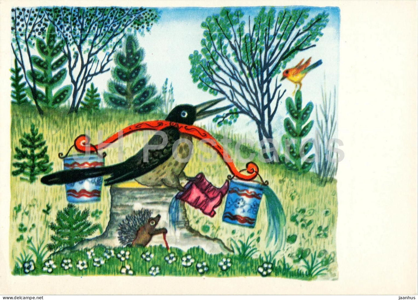 hedgehog - crow - Russian Fairy Tales - illustration by Vasnetsov - 1969 - Russia USSR - unused - JH Postcards