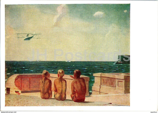 painting by A. Deyneka - Future Pilots - children - airplane - Russian art - 1957 - Russia USSR - unused - JH Postcards