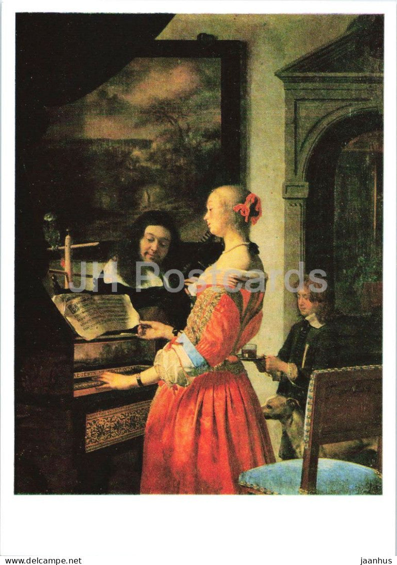 painting by Frans van Mieris - The House Concert - Dame am Klavier - dog - Dutch art - 1988 - Germany DDR - used - JH Postcards