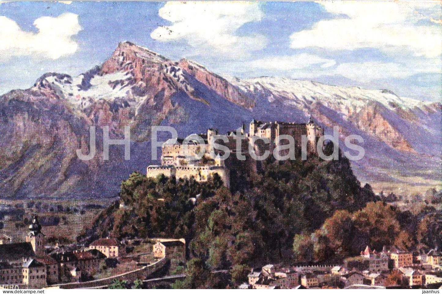 Salzburg - Festung und Untersberg - illustration - WIRO Kunstlerkarte - old postcard - 1930 - Austria - used - JH Postcards