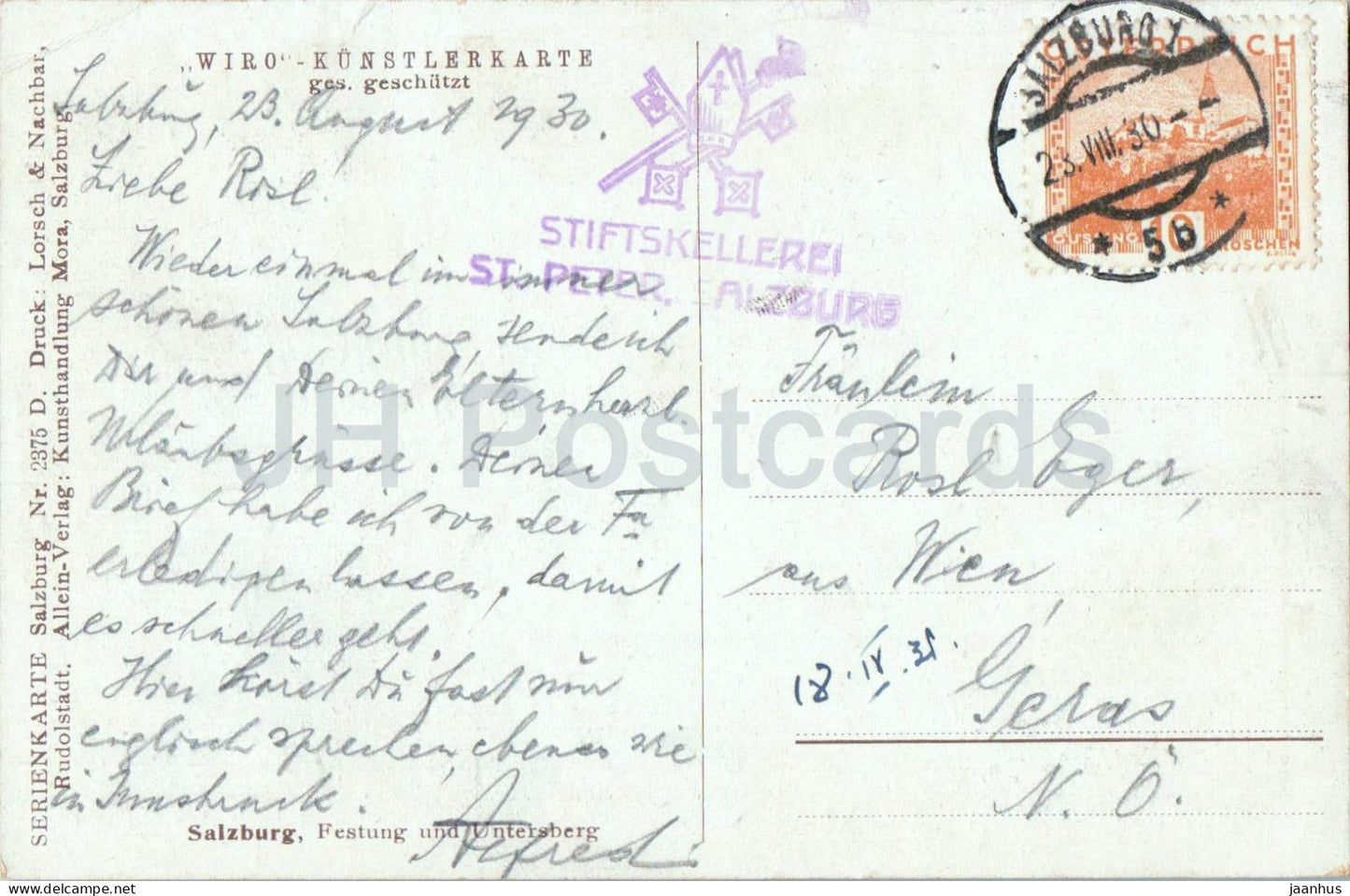 Salzburg - Festung und Untersberg - illustration - WIRO Kunstlerkarte - old postcard - 1930 - Austria - used