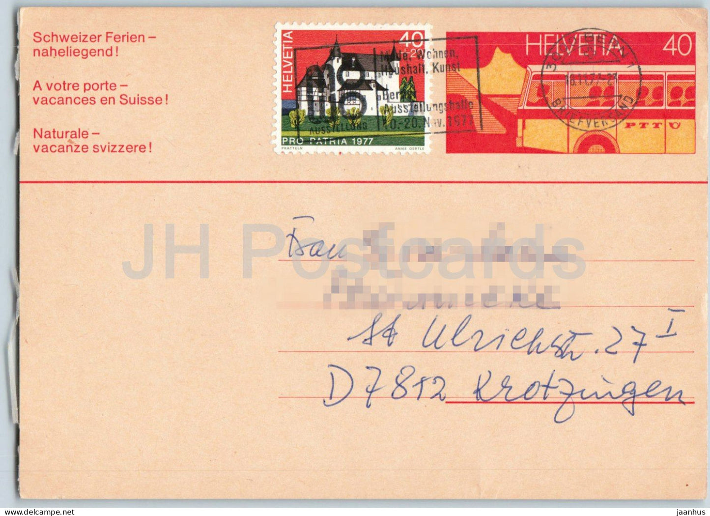 Schweizer Ferien Naheliegend  - postal stationery - 38 - 1977 - Switzerland - used - JH Postcards