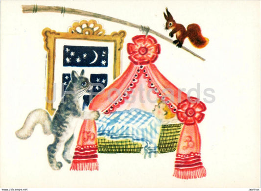 cat - squirrel - boy in cradle - Russian Fairy Tales - illustration by Vasnetsov - 1969 - Russia USSR - unused - JH Postcards