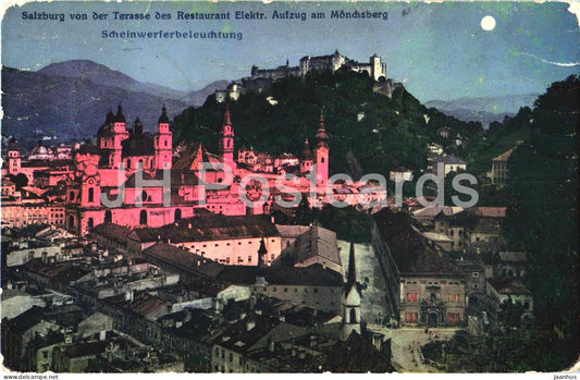 Salzburg von der Terasse des restaurant Elektr - Scheinwerferbeleuchtung - 2429 - old postcard - 1912 - Austria - used - JH Postcards