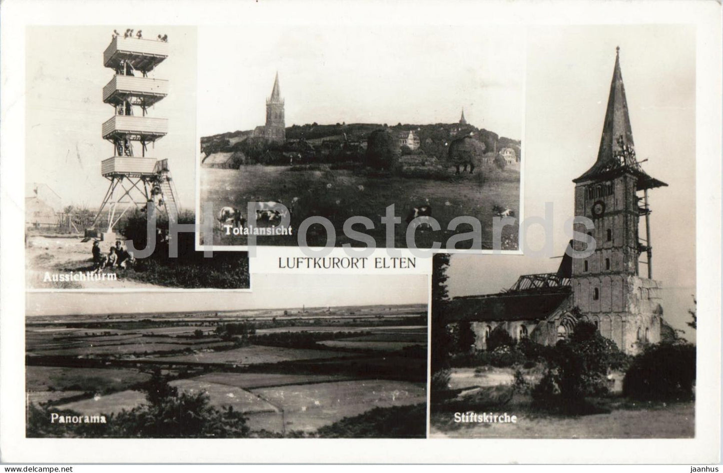 Luftkurort Elten - Health resort Elten - Stiftskirche - panorama - church - tower old postcard 1951 - Germany - used - JH Postcards