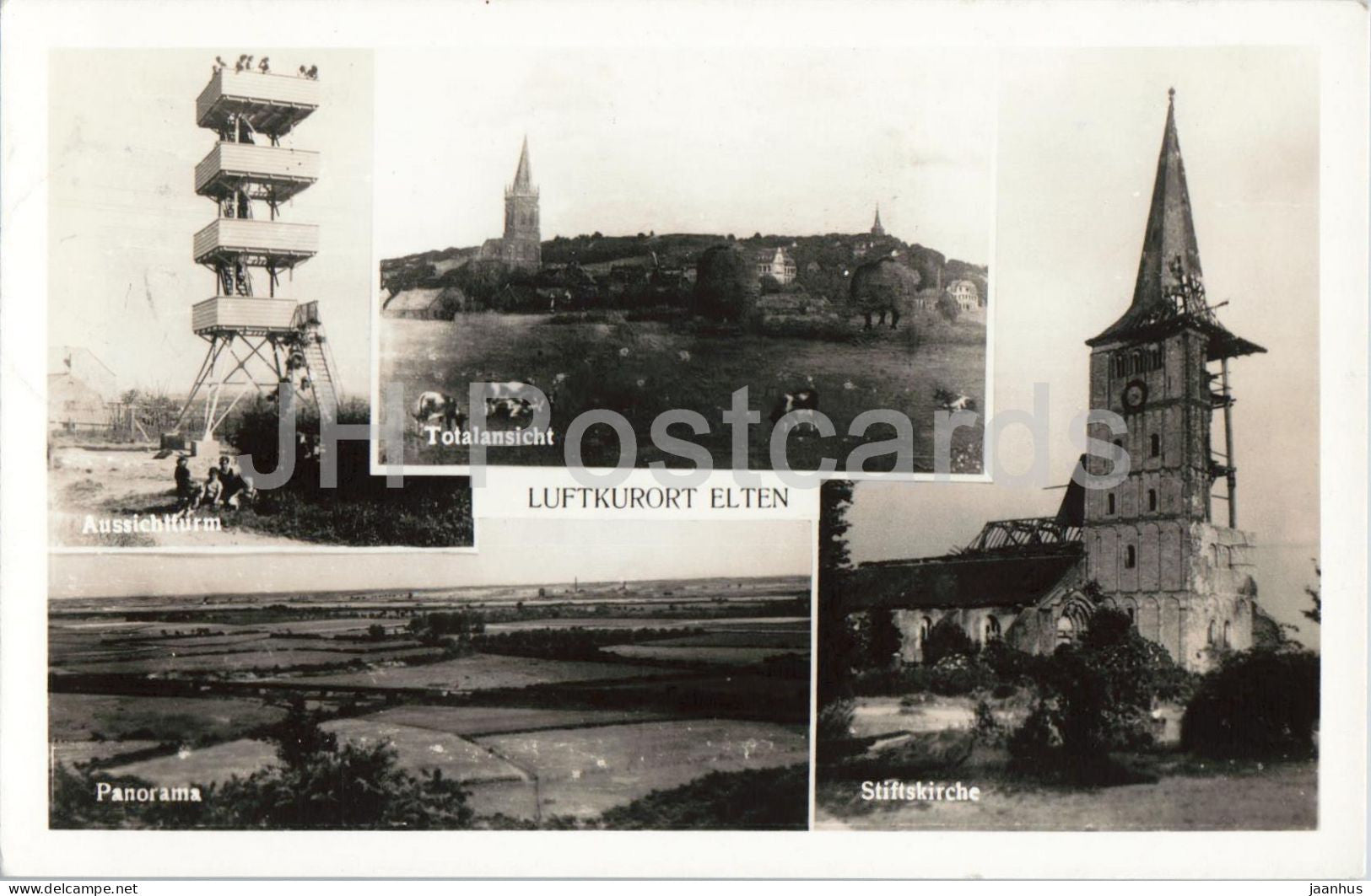 Luftkurort Elten - Health resort Elten - Stiftskirche - panorama - church - tower old postcard 1951 - Germany - used - JH Postcards