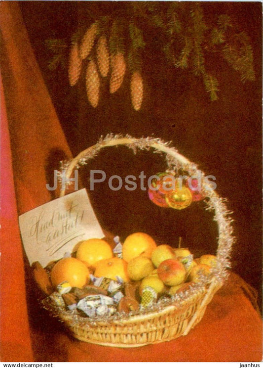 New Year Greeting card - 2 - apples - cones - candies - 1971 - Estonia USSR - used - JH Postcards