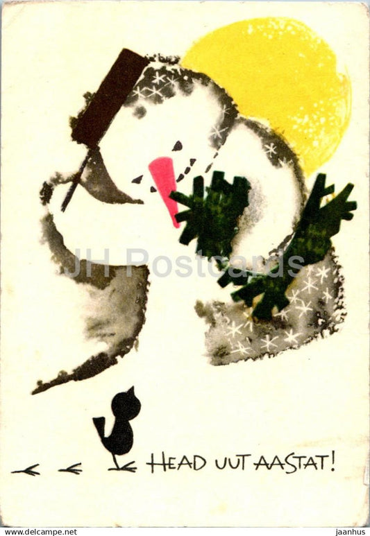 New Year greeting card by E. Pikk - Snowman - Bird - 2 - 1968 - Estonia USSR - used - JH Postcards