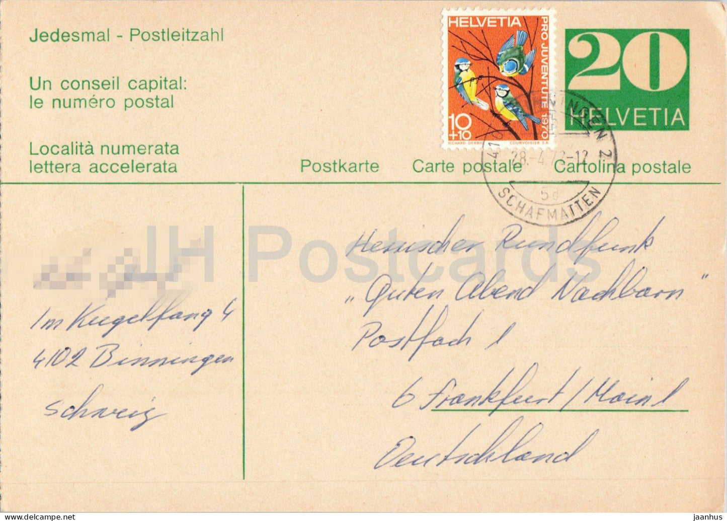 Guten Abend Nachbarn - Hessischer Rundfunk - postal stationery - 23 - 1972 - Switzerland - used - JH Postcards