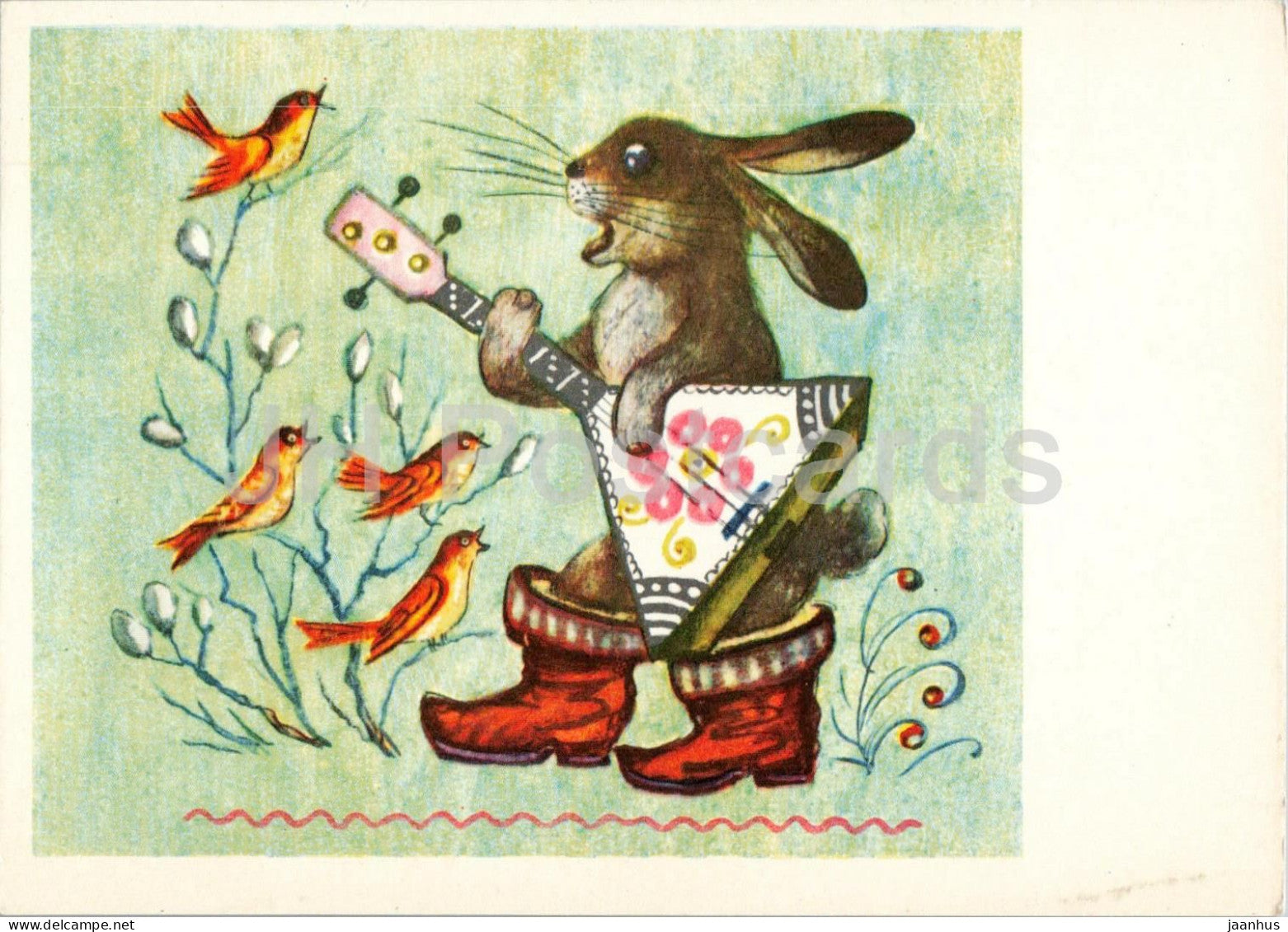 Little Hare - Balalaika - birds - Russian Fairy Tales - illustration by Vasnetsov - 1969 - Russia USSR - unused - JH Postcards