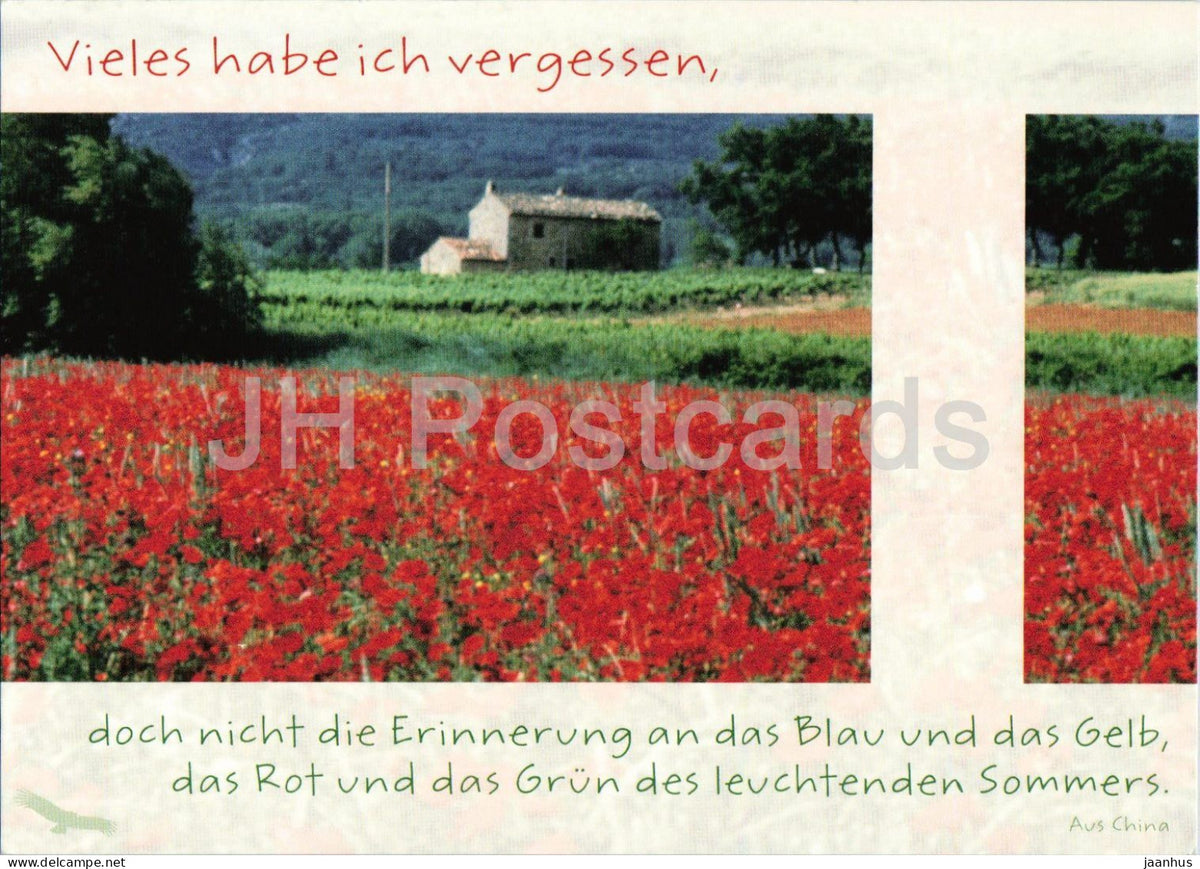 poppy field with farmhouse - photo greeting card with saying - 2000s - Germany - unused - JH Postcards