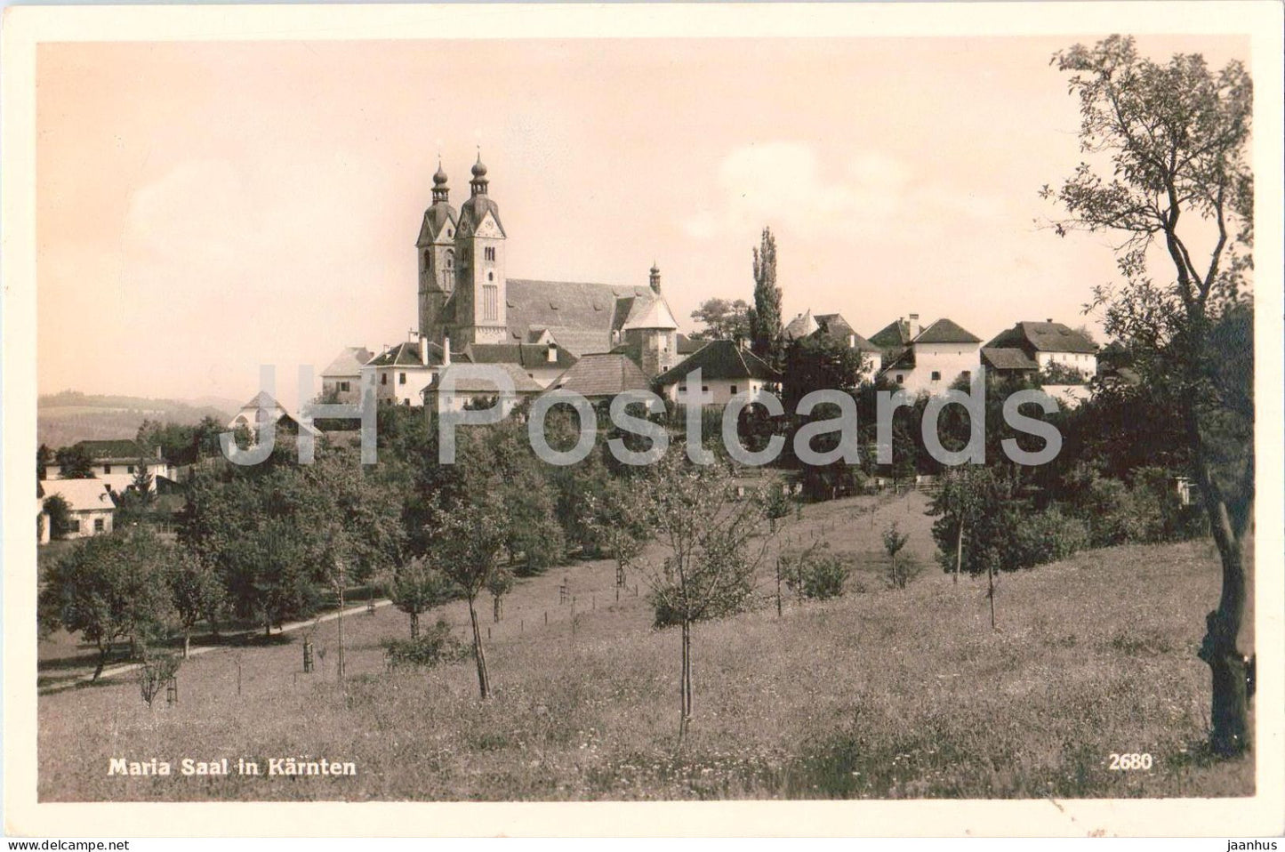 Maria Saal in Karnten - panoramic view - church - fields and trees - 2680 - old postcard - 1940 - Austria - used - JH Postcards