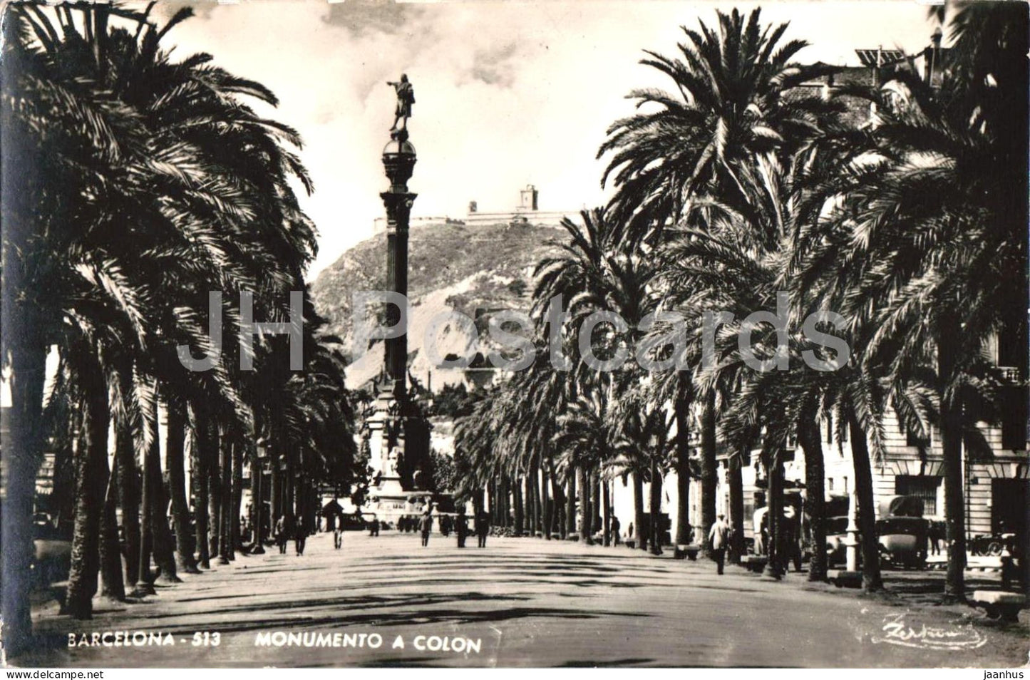 Barcelona - Monumento a Colon - Columbus monument - palm trees - promenade - 513 - old postcard - Spain - unused - JH Postcards