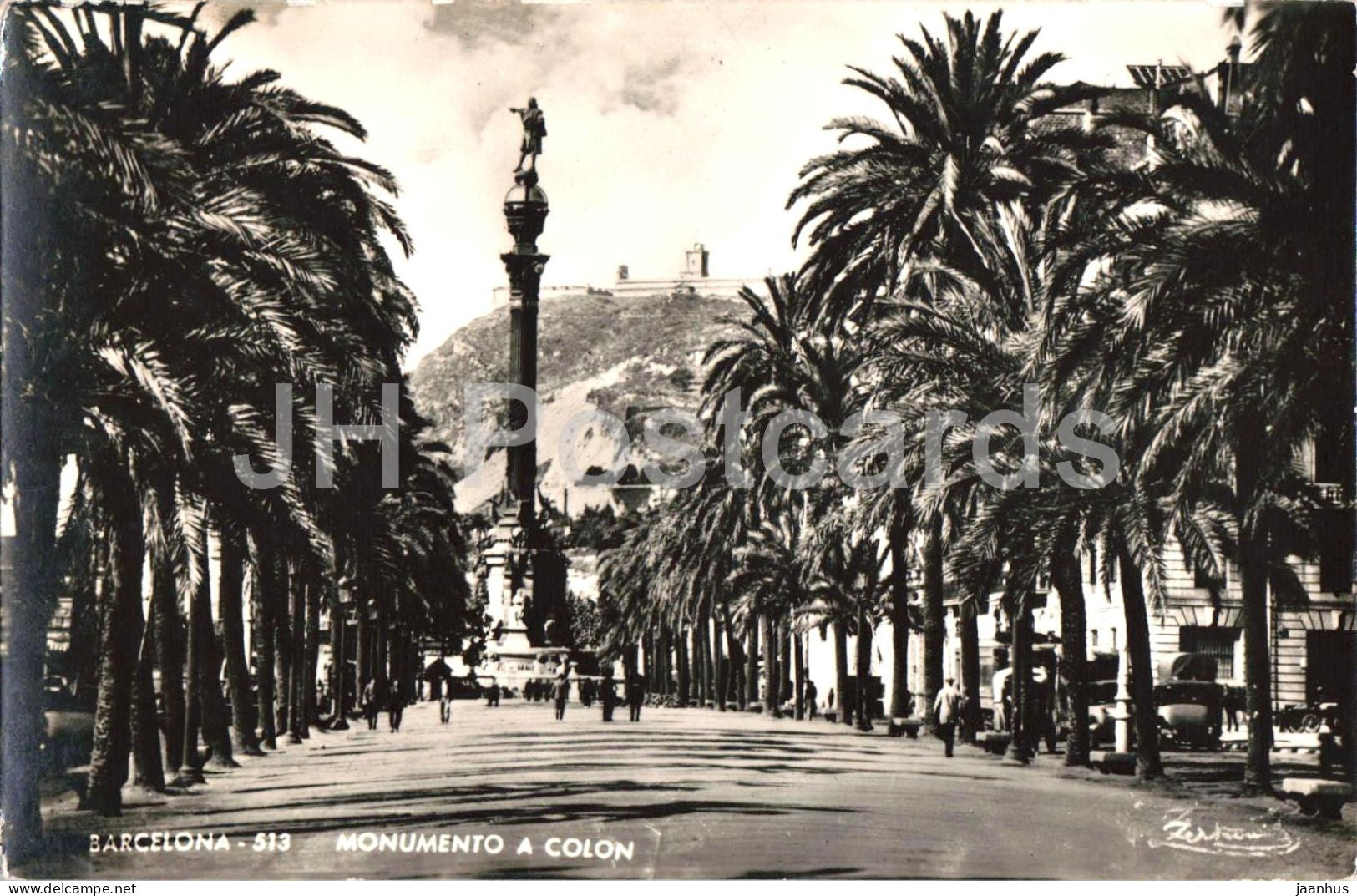 Barcelona - Monumento a Colon - Columbus monument - palm trees - promenade - 513 - old postcard - Spain - unused - JH Postcards