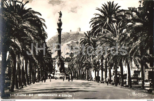 Barcelona - Monumento a Colon - Columbus monument - palm trees - promenade - 513 - old postcard - Spain - unused - JH Postcards