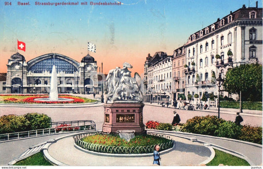 Basel - Strassburgerdenkmal mit Bundesbahnhof - monument - railway station - old postcard - 1927 - Switzerland - used - JH Postcards