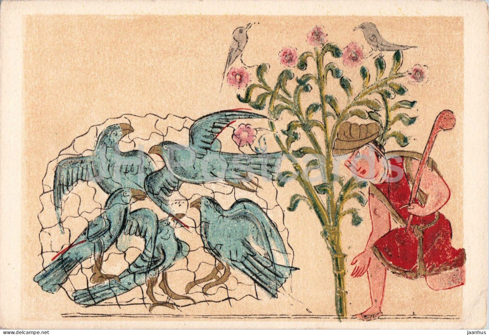 miniature painting - the fowler catching the doves - Fables de Bidpay birds - Arab art - old postcard - France - unused - JH Postcards