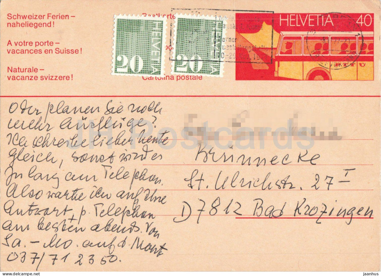 Schweizer Ferien Naheliegend - postal stationery - 37 - 1977 - Switzerland - used - JH Postcards