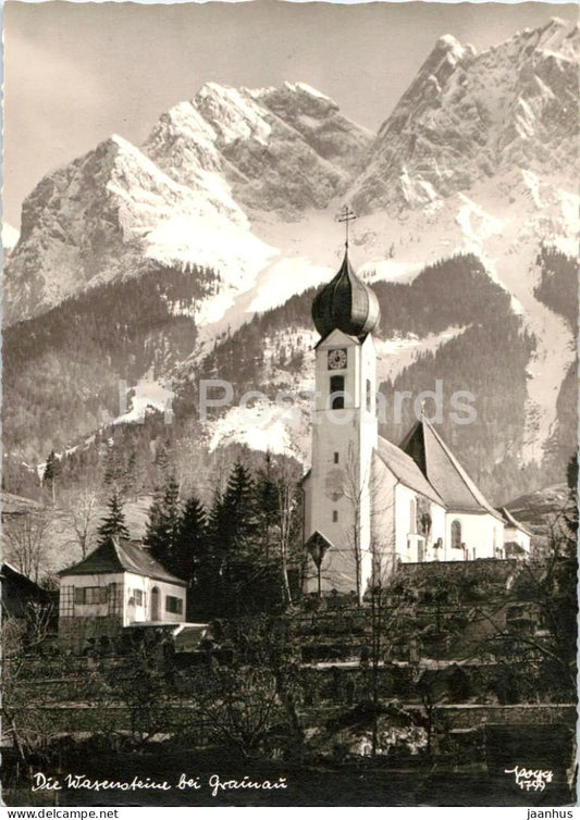 Die Waxensteine bei Grainau - church - village - alpine mountains - 1799 - old postcard - Germany - unused - JH Postcards